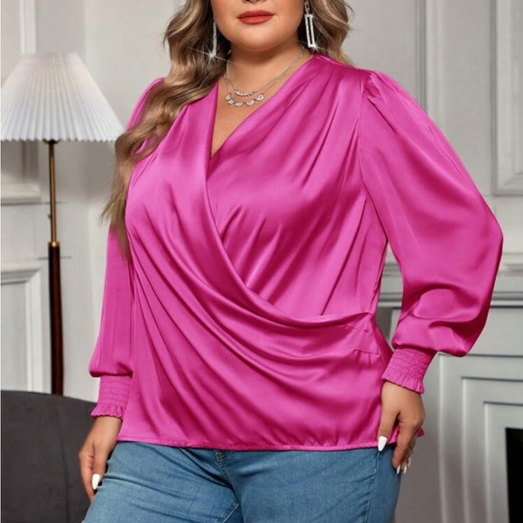 Luxe hot pink bishop sleeve surplice neck shirred cuff blouse - Picture 2 of 16